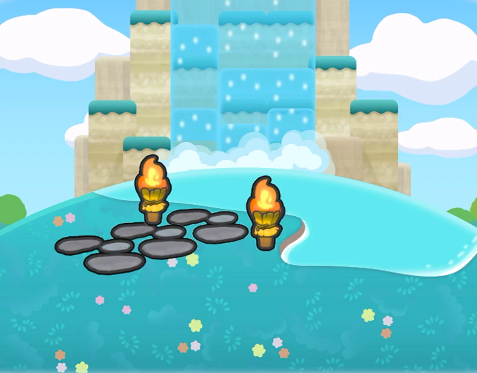 Illuminated waterfall habitat in Pokémon Pokopia